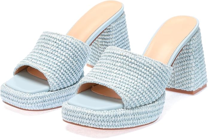 Monrovia Womens Sandals Heels for Women Slide On Block Chunky Platform High Heels Open Toe Raffia Wedge Sandals