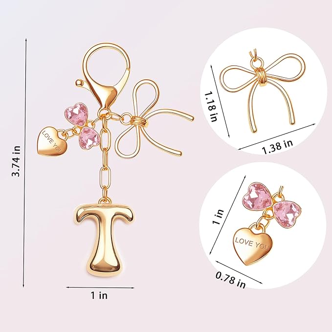 Gold Bubble Initial Keychain with Bow Decoration Bag Charms for Women, Cute Purse Handbag Accessories Gift