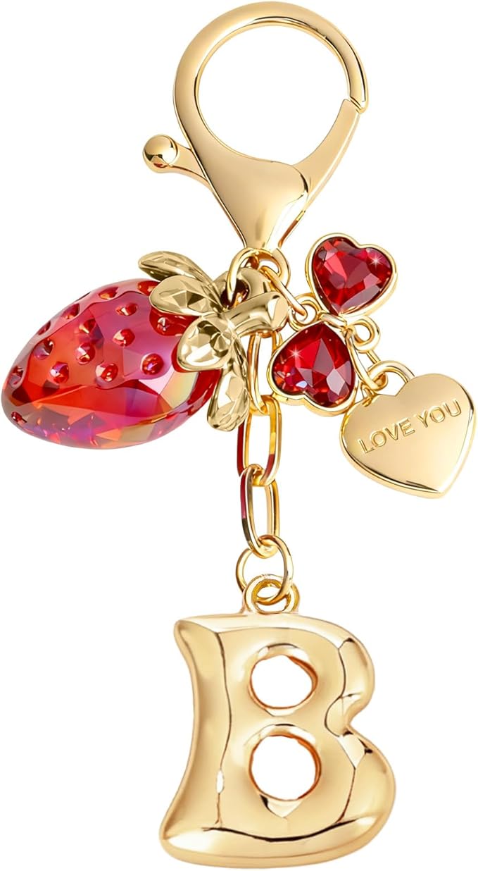 Snycler Bubble Initial Keychain with Strawberry & Bow- Gold Letter Bag Charms for Women, Cute Purse Handbag Accessories