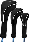 Black Golf Club Head Cover for Driver Fairway 3 Pcs Woods Headcovers, Golf Accessories Hybrid Head Covers Set with Interchangeable Tags 3 4 5 7 X