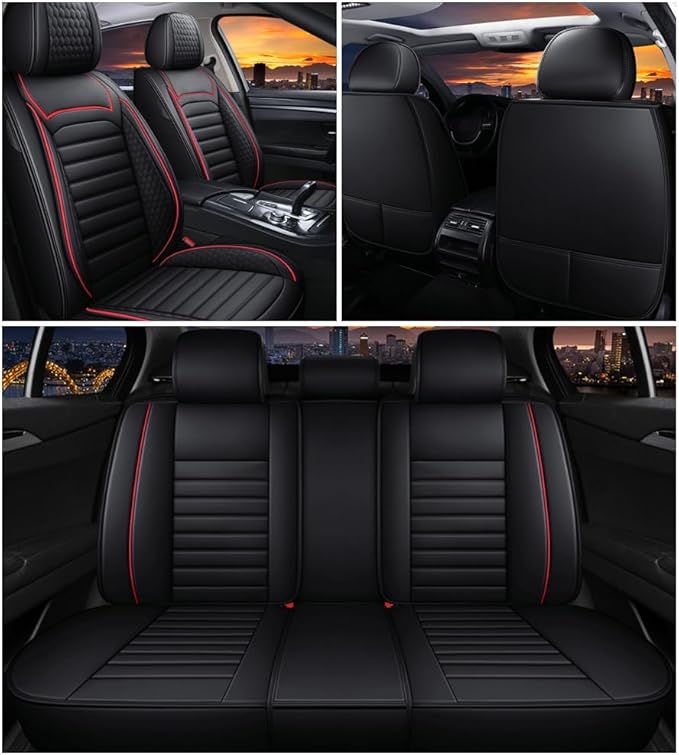 Leather Car Seat Covers for Volkswagen Golf 2001-2021,Car Seat Covers Full Set,Seat Covers with Safety,Waterproof Seat Cover Compatible Airbag(5pcs Black&Red Standard)