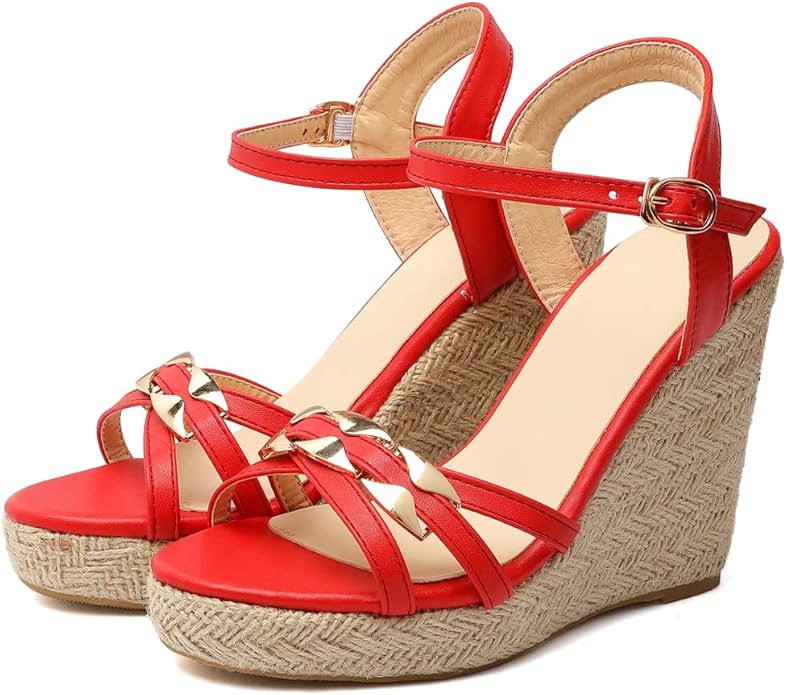 VOKLIN Women's Casual Espadrilles Wedge Sandals Open Toe Ankle Strap Metallic Chunky Platform Dressy Sandal