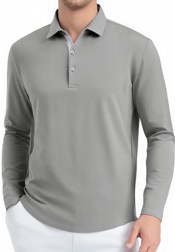 Alex Vando Mens Golf Shirt Moisture Wicking Quick-Dry Solid Long Sleeve Polo Shirts for Men