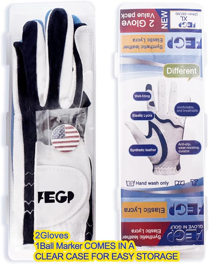Golf Glove, Men's Players,Left Handed Glove,Japan New Synthetic Leather,resisti Flexible. Stretchy Lycra,Breathability Works Well, Fit, Durable. Value 2 - Pack Golf Gloves.Size M-L-XL