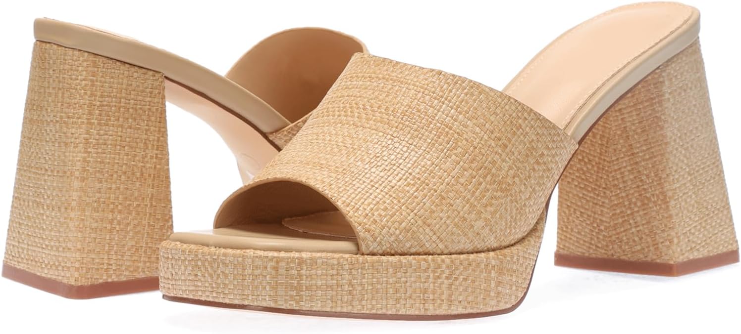 Monrovia Womens Sandals Heels for Women Slide On Block Chunky Platform High Heels Open Toe Raffia Wedge Sandals
