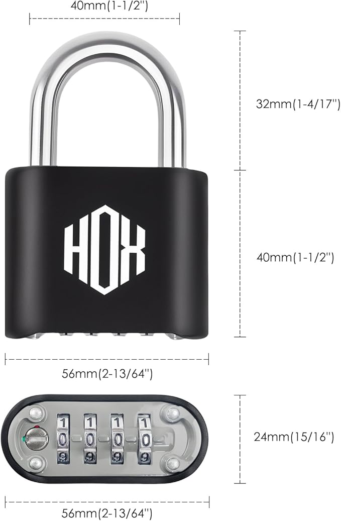 HOX 4 Digit Combination Lock, Outdoor Padlock - Heavy Duty Locker Lock with Hardened Steel Shackle, Waterproof Combo Lock for Gym Locker, Hasp Storage, Shed, Fence (Black, 2 Pack)
