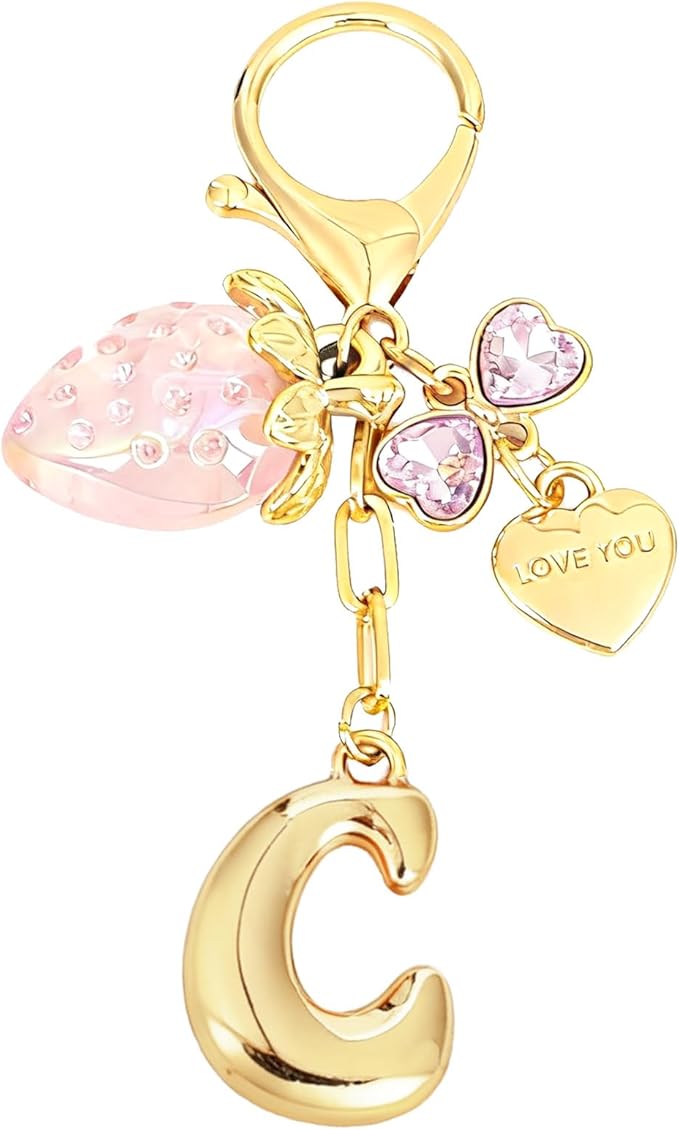 Snycler Bubble Initial Keychain with Strawberry & Bow- Gold Letter Bag Charms for Women, Cute Purse Handbag Accessories