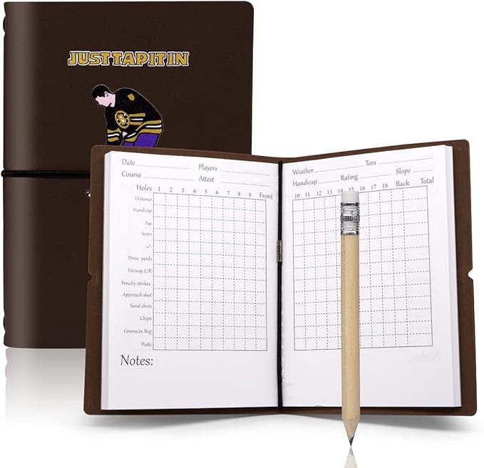 Leather Golf Scorecard Book Golf Yardage Book for Practice Stats and Round Logging - Golf Scorecard Book with Golf Score Cards Pages with Small Golf Pencil, Golf Terminology & Game Formats