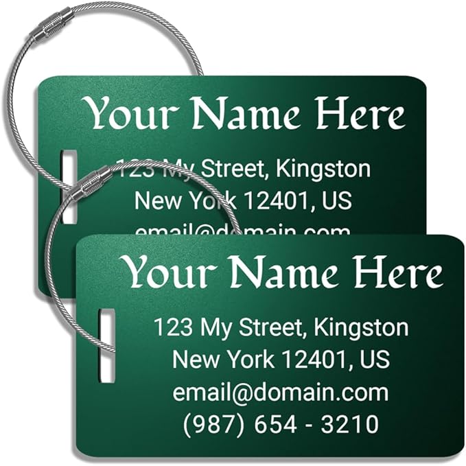 Custom Bag Tags for Luggage, Personalized Luggage Tags for Suitcases - Laser Engraved Metal Tags- Pack of 2 (Emerald Shadow, 2x3.5)