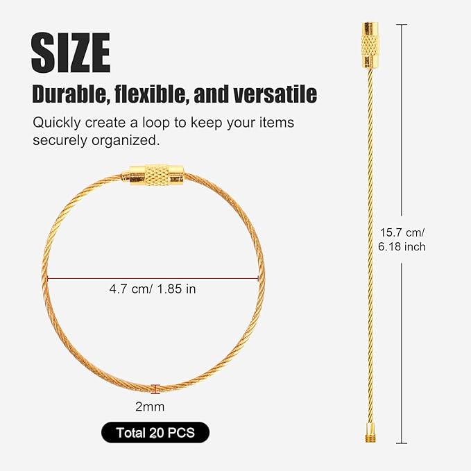 20pcs Stainless Steel Wire Keychains Aircraft Cable Cable Key Ring for Hanging ID Tags or Luggage Tags,6.3 inch 2mm (20 PCS Gold)