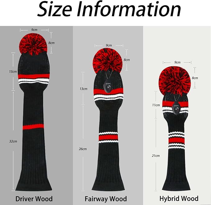 LeFeng 1Pcs Golf Club Cover, Knitted Golf Head Cover for 460cc Driver Fairway Woods and Hybrid with Cute Pom Pom and Number Tag