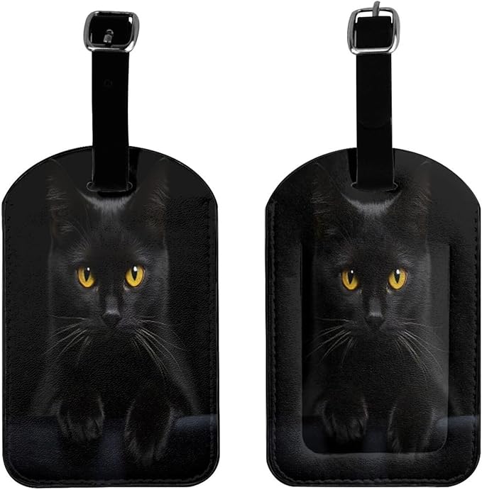 Black Cat Luggage Tag for Suitcases,Cute Kitty Animal PU Leather Baggage Tags Bag Tags Travel Id Label for Luggage Women Men -1 Piece