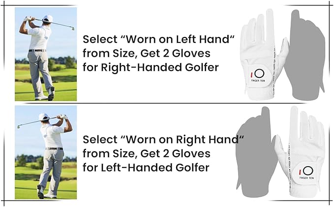 FINGER TEN Men's Golf Gloves for Right Left Handed Golfer Rain Grip Value 2 Pack, Golf Glove for Left or Right Hand Hot Wet Weather No Sweat Black Gray White Blue