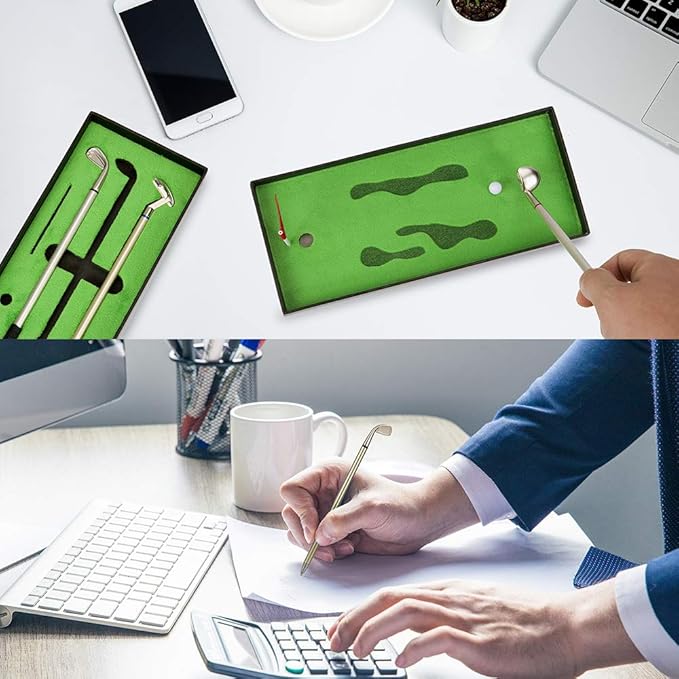 Golf Pen Set, Mini Desktop Golf Ball Pen, Top Golf Gift with Putting Green, 3 Golf Clubs Pens with Balls and Flag