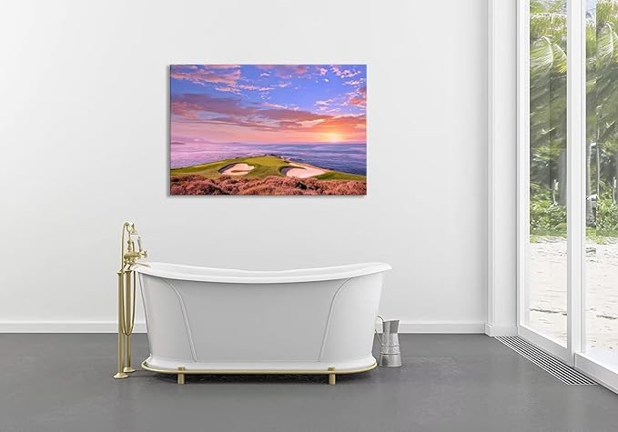Pebble Beach Golf Course Hole 7 Wall Art Prints - Monterey California USA Golf Course Canvas Wall Art for Living Room Bedroom Bathroom Home Decorations Gifts Framed Ready to Hang(12''H x 16''W)