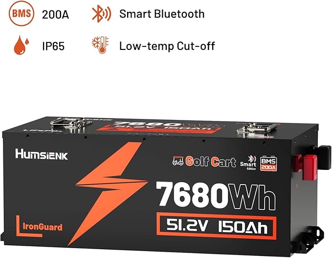 48V 150Ah Golf Cart Battery with Blade Cell & Metal Case, LiFePO4 Lithium Battery with 15A Charger, Bluetooth Mobile APP & LCD Monitor, 15000+ Cycles, 200A BMS with Low-Temp Protection for Golf Carts