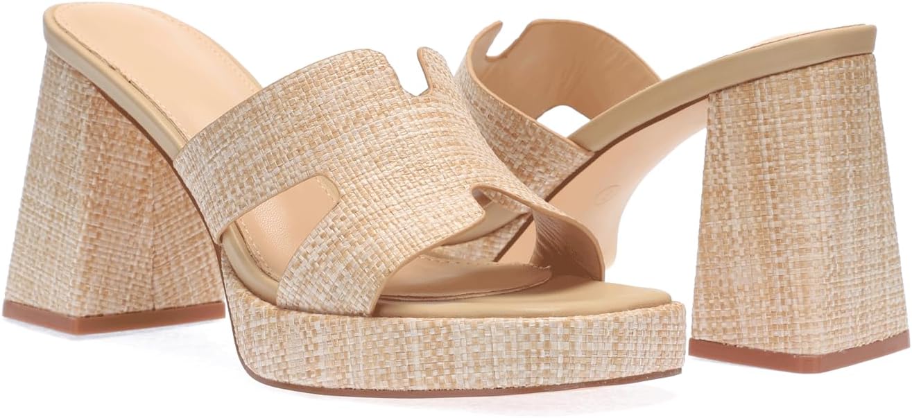 Monrovia Womens Sandals Heels for Women Slide On Block Chunky Platform High Heels Open Toe Raffia Wedge Sandals