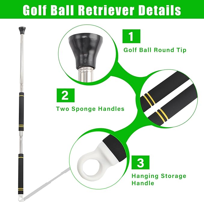 Golf Ball Picker Upper,30 to 44In Golf Ball Retriever with Suction Cup Heavy Duty Stainless Steel Tube Scramble Stick with Sponge Long Handle Lightweight Easy to Carry Golf Ball Grabber