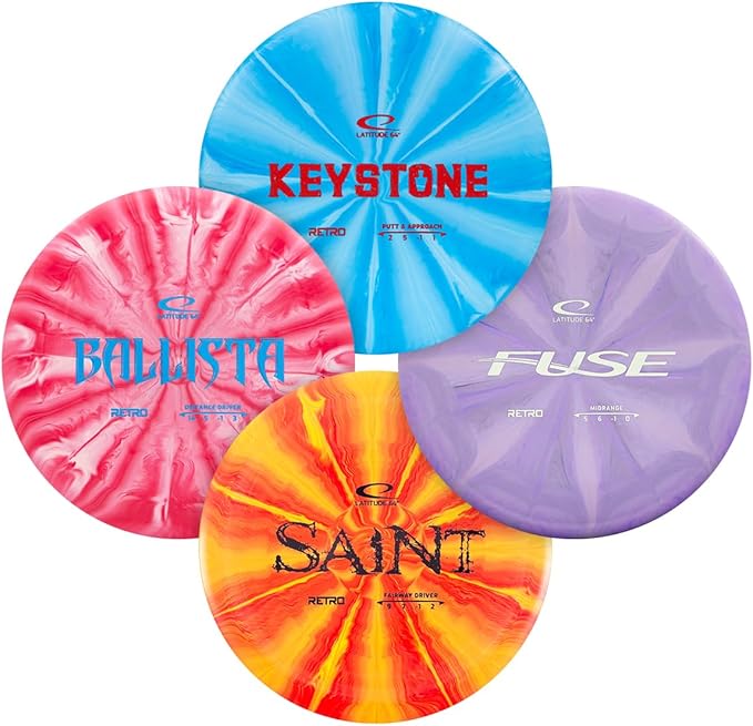 Latitude 64 Retro Burst Disc Golf Starter Set (4-Pack) - Disc Golf Discs Set for New to Intermediate Players | Includes Keystone, Fuse, Saint, Ballista | Grippy Base Plastic | Colors Vary
