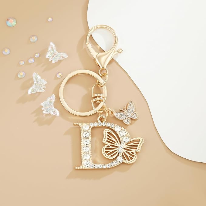 Gold Plated Alphabet Initial Letter Keyring Keychain for Women Girls Crystal Key Chains for Wallet Backpack Bag Charm
