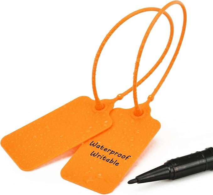 50pcs Luggage Tags Plastic Seals Shipping Label Logistics Sign Tie Bag Tag, Sealing Storage Multi Purpose Name ID Tag with Marker for Suitcases, Backpack, Schoolbag, Car Key (Orange)