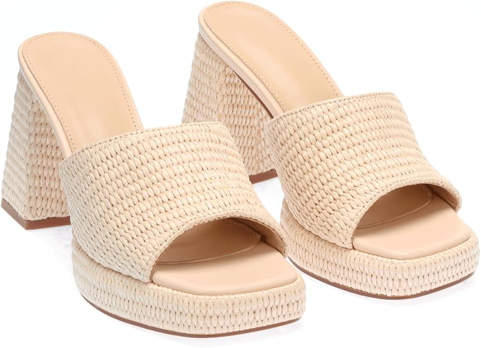 Monrovia Womens Sandals Heels for Women Slide On Block Chunky Platform High Heels Open Toe Raffia Wedge Sandals