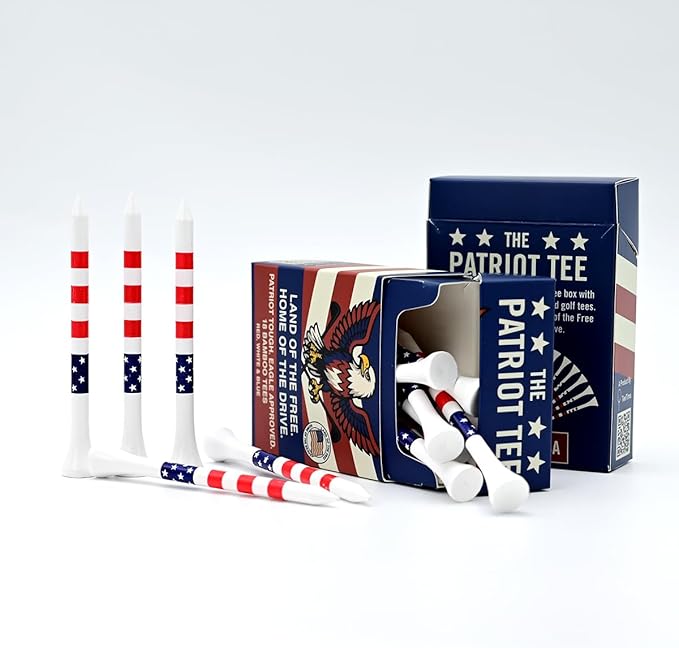 TeeTime. Patriot Golf Tees 18 Premium Bamboo Golf Tees (83mm) – Red, White & Blue American Flag Themed – Durable, Eco-Friendly Novelty Golf Tees – USA Eagle Packaging