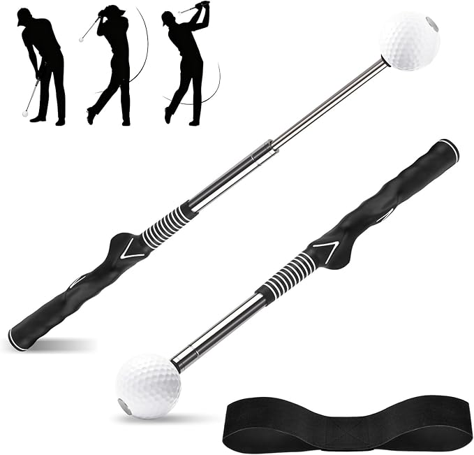 Retractable Golf Swing Trainer with Click Sound & Posture Correction Arm Band, Golf Grip Trainer for Right-Handed, Indoor & Outdoor Training Aid for Beginners to Pros
