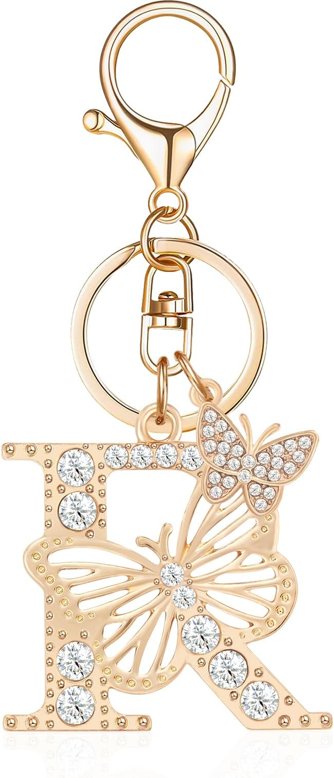 Gold Plated Alphabet Initial Letter Keyring Keychain for Women Girls Crystal Key Chains for Wallet Backpack Bag Charm