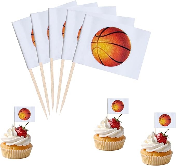 Basketball Cupcake Topper Flags Banner Mini Small Sports Balls Toothpick Stick Flags Sports Ball Game Cake Party Theme Decorations(100Pcs)