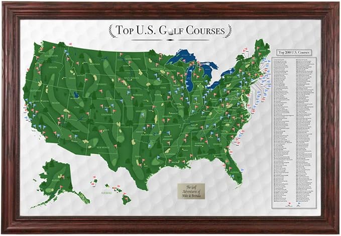 Push Pin Travel Maps Customizable Wall Art - Top Golf Courses USA Map - Solid Wood Cherry - Personalized Framed Pin Map, Includes 150 Pins - Handcrafted in USA - 27.5" x 39.5"