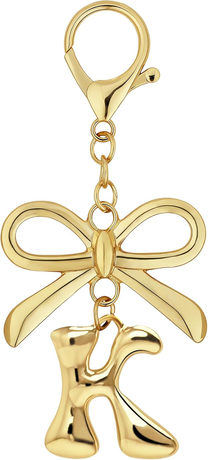 Gold Bubble Heart, Cherry, Bow & More Designs Letter Initial Keychain Bag Charms – Cute Purse Charms for Handbags