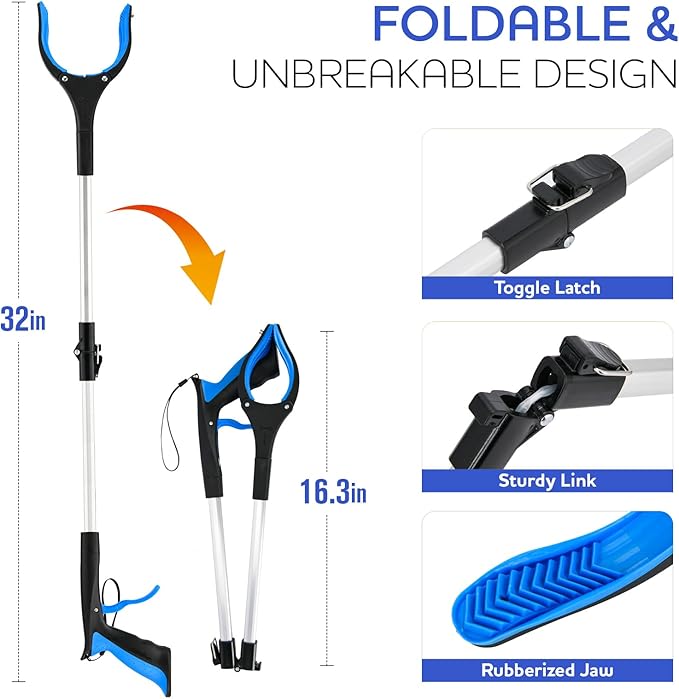6 Pack Grabber Reacher Tool,32 Inch Extra Long Foldable Grabber Tool with Buckle and Wrist Rope,360°Rotating Anti-Slip Jaw,Trash Claw Grabber Tool,Trash Picker Tool for Outdoor & Indoor (Deep Blue)