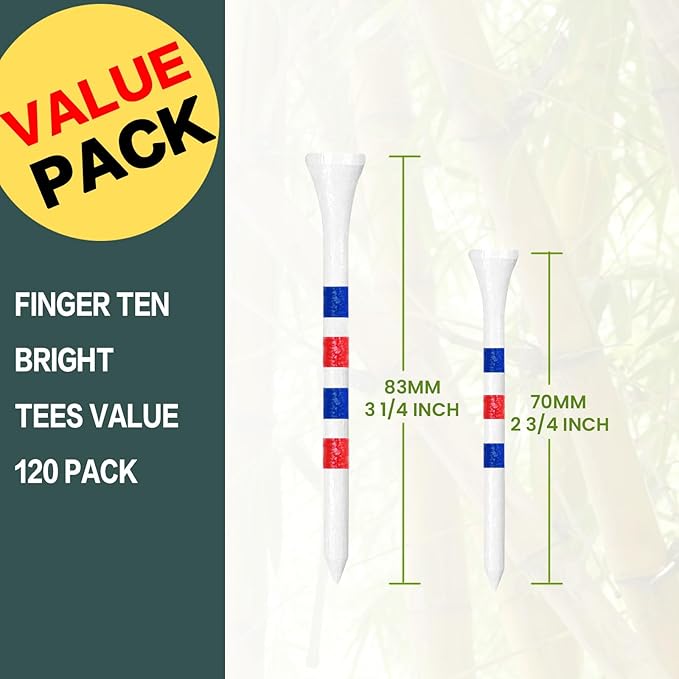 FINGER TEN Golf Tees Wood 3 1/4 2 3/4 Inch Value 50/120 Count, Durable Tees with Bright Colored Stripes for Consistent Height, 70mm 83mm Long Tees Ideal for Golfers