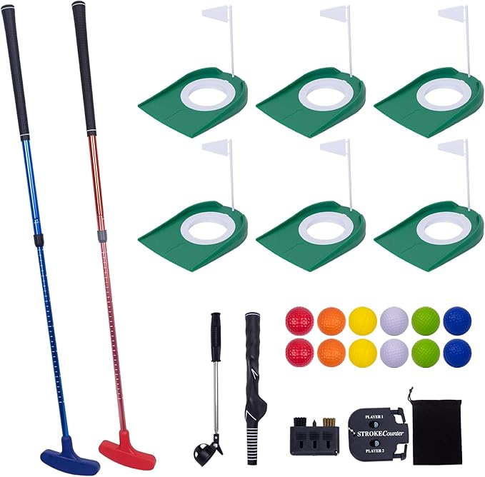 Mini Putting Golf Practice Set–Adjustable Putters, 6Flagged Holes, 12Practice Balls, Extendable Ball Retriever&Portable Storage Bags for Indoor and Outdoor Play