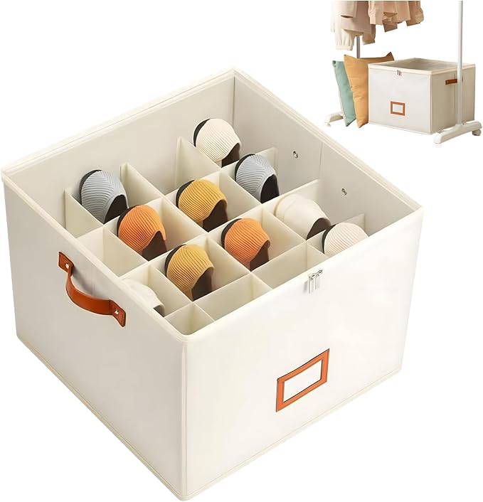 Atlodas Fabric Shoe Organizer Storage Box, 2 Pack Foldable Shoe Storage Organizer Box Bin with Adjustable Dividers and Clear Cover, Fits up to 8-16 Pairs (White)