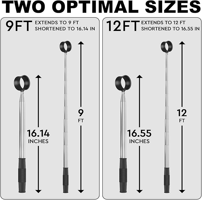 JKL 9Ft/12Ft Golf Ball Retriever for Water Telescopic, Stainless Steel Shaft, High Durability Double-Sided Ball Picker Upper Grabber, Golf Gifts for Golfers