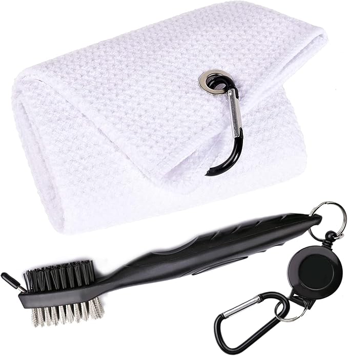 Golf Towels, Microfiber Waffle Pattern Tri-fold Golf Towel - Brush Tool Kit with Club Groove Cleaner, with Clip Men Women Golf Gifts (White Towel+Black Brush)