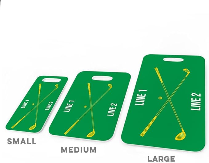 ChalkTalkSPORTS Golf Luggage & Bag Tag | Personalized Crossed Golf Clubs | Standard Lines on Back | Small | Green/Yellow