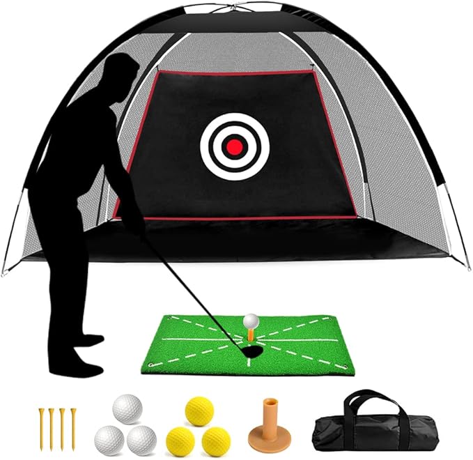 Black Golf Practice Set With Net, Hitting Mat, Target Cloth and Carrying Bag for Backyard Driving