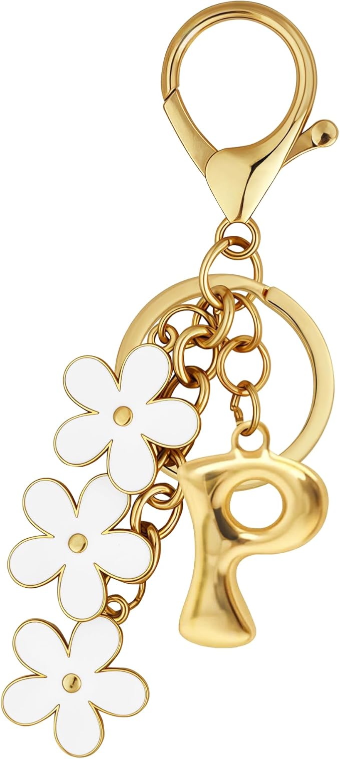 Gold Bubble Heart, Cherry, Bow & More Designs Letter Initial Keychain Bag Charms – Cute Purse Charms for Handbags
