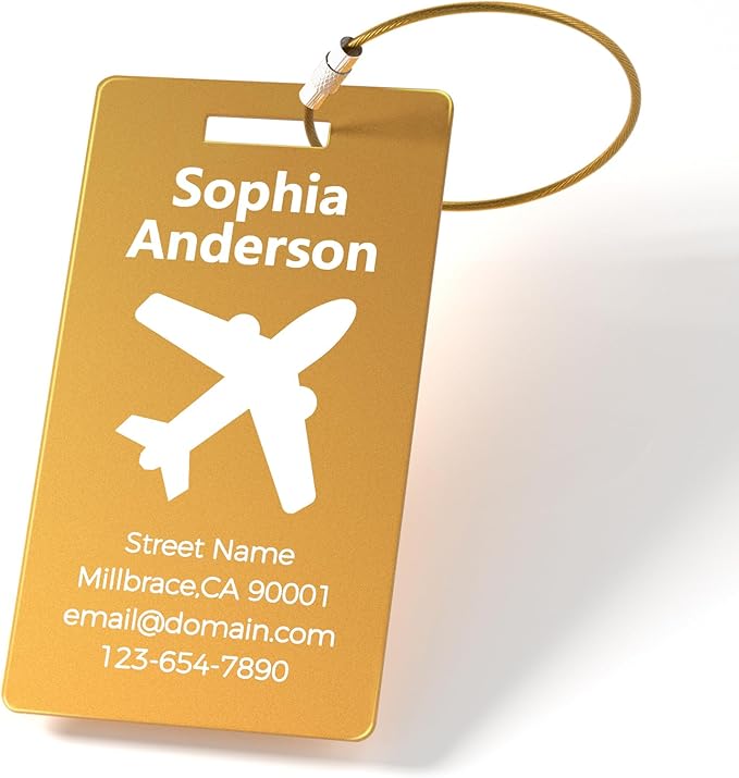 4 Pack Personalized Luggage Tags, Custom Engraved Aluminum Luggage Tags with Your Personalized Text, Waterproof Metal Name Tags with Steel Loop for Bags, Suitcase, Baggage, Backpack (Golden, Large)
