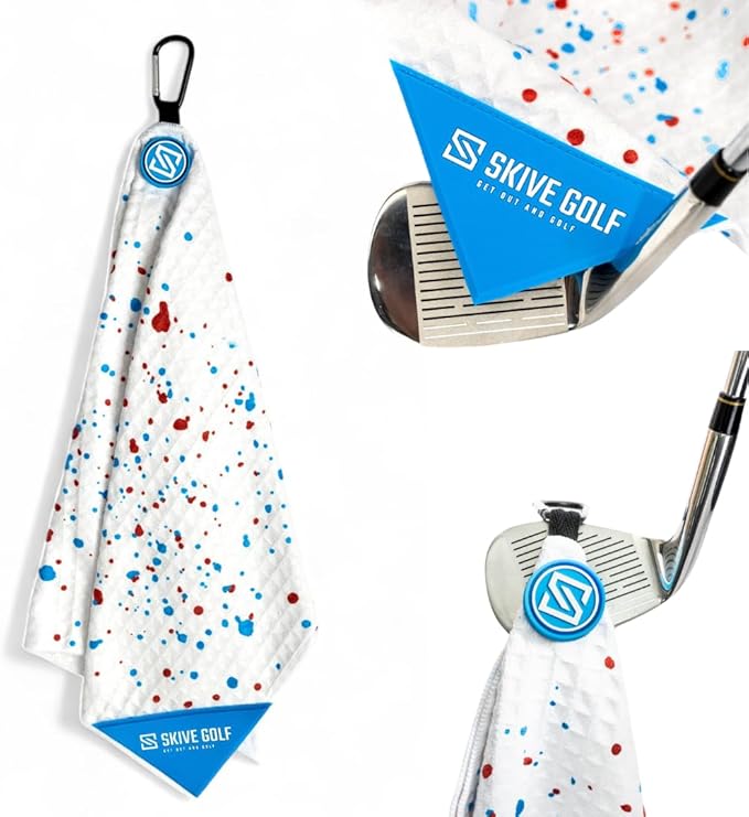 Premium Magnetic Golf Towel | Super Strong Magnet | Absorbent Microfiber Waffle Design | Built-in Silicone Brush | Golf Towels for Golf Bags (Red & Blue Drip)