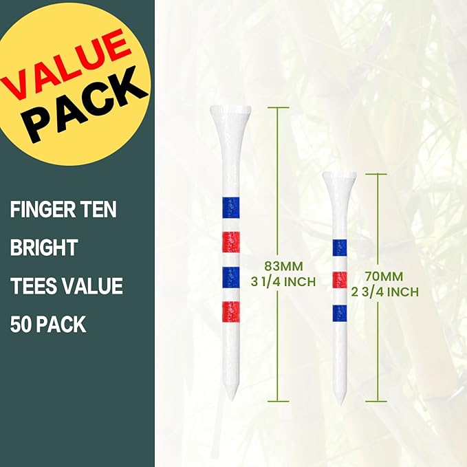 FINGER TEN Golf Tees Wood 3 1/4 2 3/4 Inch Value 50/120 Count, Durable Tees with Bright Colored Stripes for Consistent Height, 70mm 83mm Long Tees Ideal for Golfers