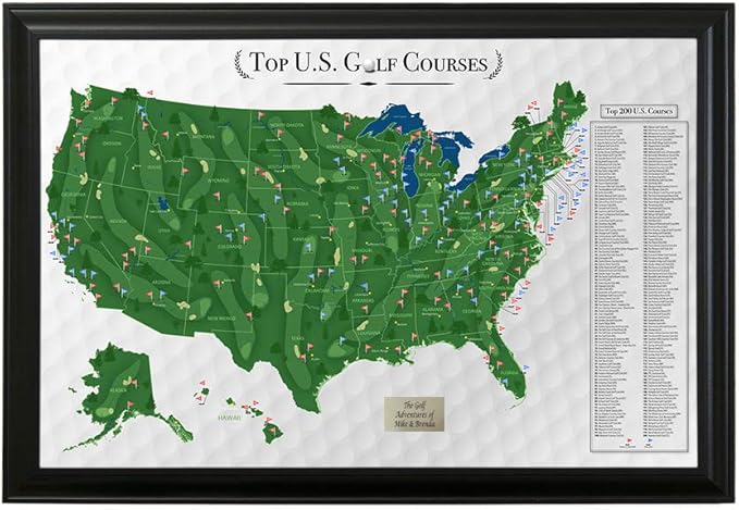 Push Pin Travel Maps Customizable Wall Art - Top Golf Courses USA Map - Black Frame - Personalized Framed Pin Map, Includes 150 Pins - Handcrafted in USA - 27.5" x 39.5"