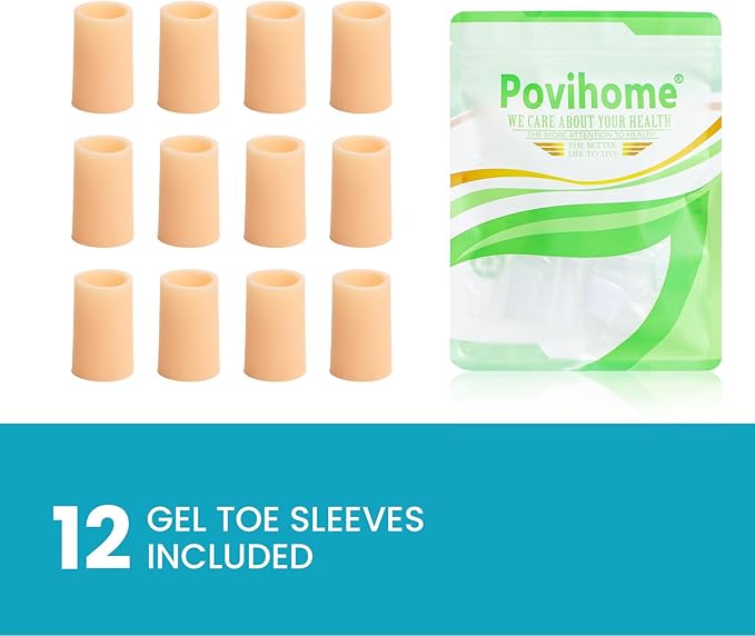 Povihome Toe Sleeves, Toe Protectors, 12 Pack Toe Tube Pads for Hammer Toe,Stubbed Toe,Corns, Calluses Protect (Medium Size, Beige)