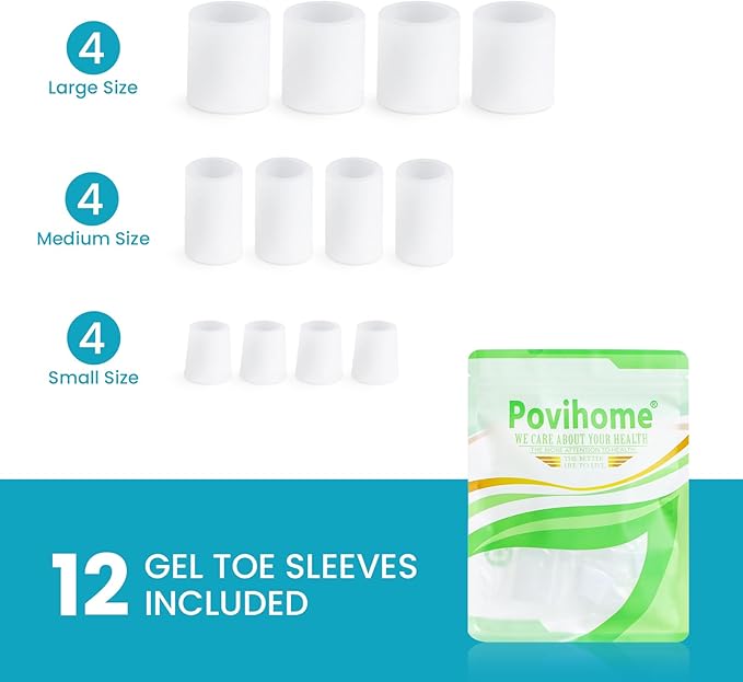 Povihome Toe Sleeves, Toe Protectors, 12 Pack Toe Tube Pads for Hammer Toe,Stubbed Toe,Corns, Calluses Protect (3 Different Sizes, White)