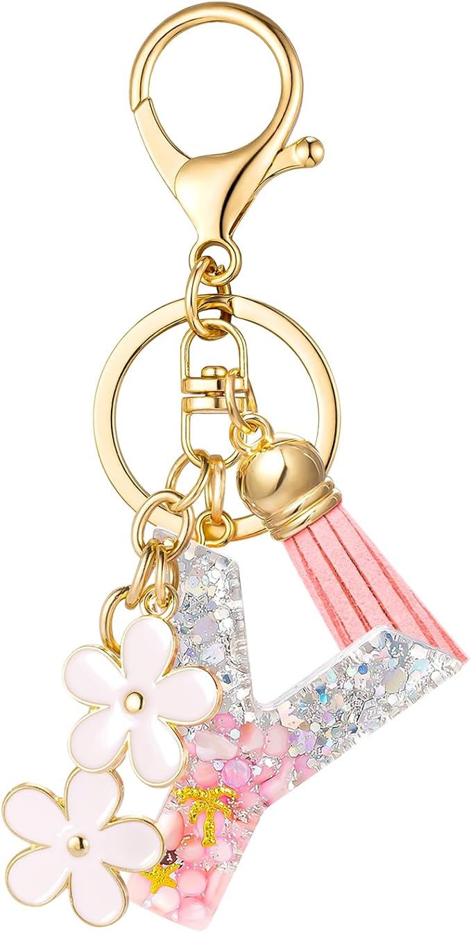 SELOVO Girls Pink Flower Chain Cute Keychain Initial Keychain Key Chain for Women
