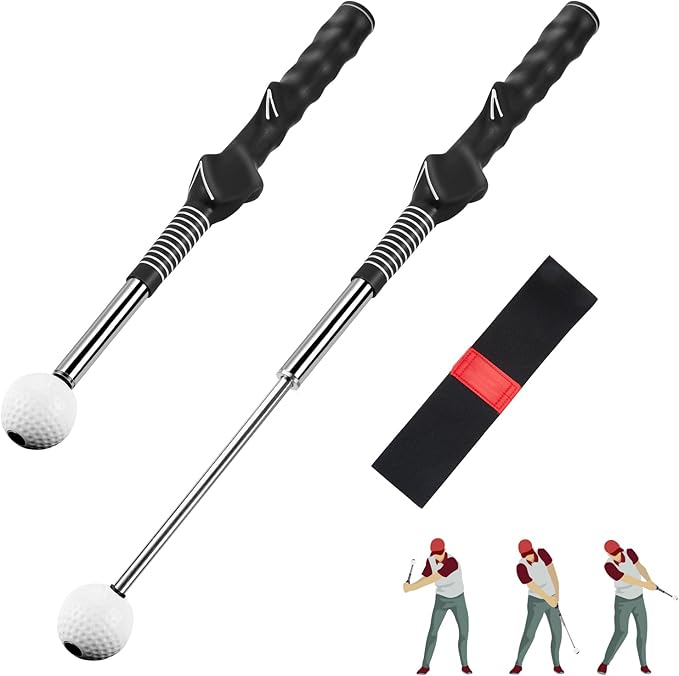 welspo Retractable Golf Swing Trainer Aid with Arm Band, Rhythm Click Sound, Warm-Up and Grip Trainer, Right-Handed Golf Club for Improve Chipping and Hitting Strength