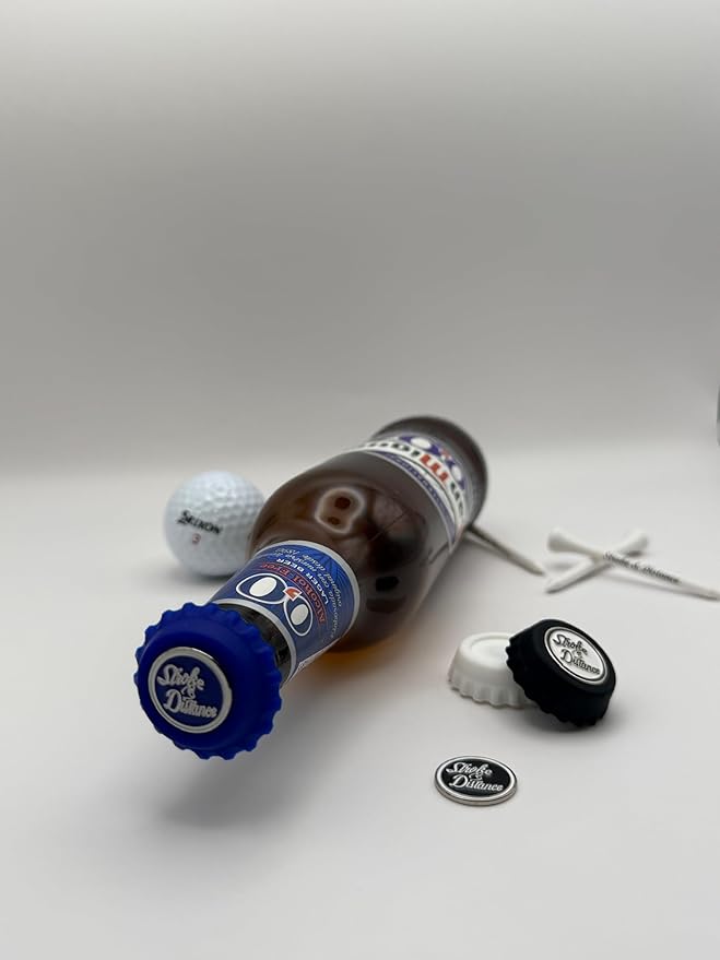 Stroke & Distance Bottle Cap Tee Double Pack - Keep Beverages Secure & Tee Off in Style - Par 3 Height - Insert Any Tee - Training Aid